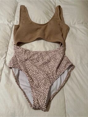 One-Piece Style Swim Set in Tan and Cream with Leopard Print